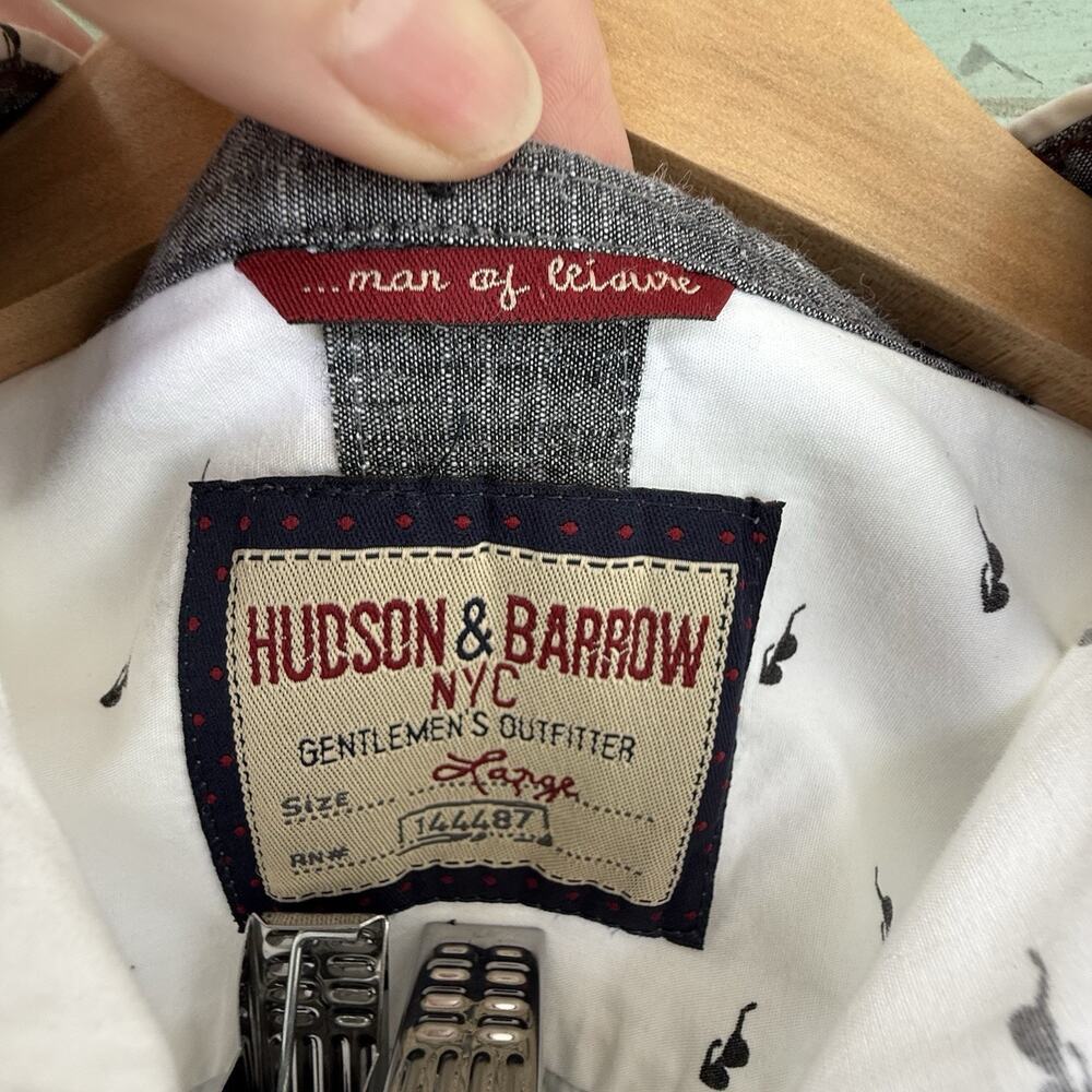 Hudson & Barrow Men's Casual Short Sleeve Shirt Cream w Navy Sunglasses Size L - Picture 6 of 8